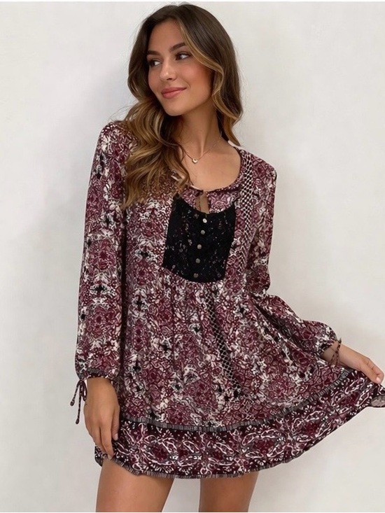 Maurices Dresses & Skirts - Boho Floral Mini Dress Burgundy Cottagecore Flowy Tie Back Medium